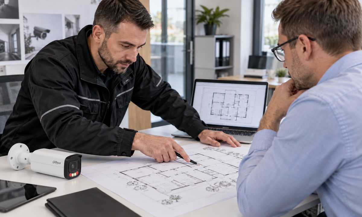 Technik planuje rozmieszczenie kamer na planie obiektu