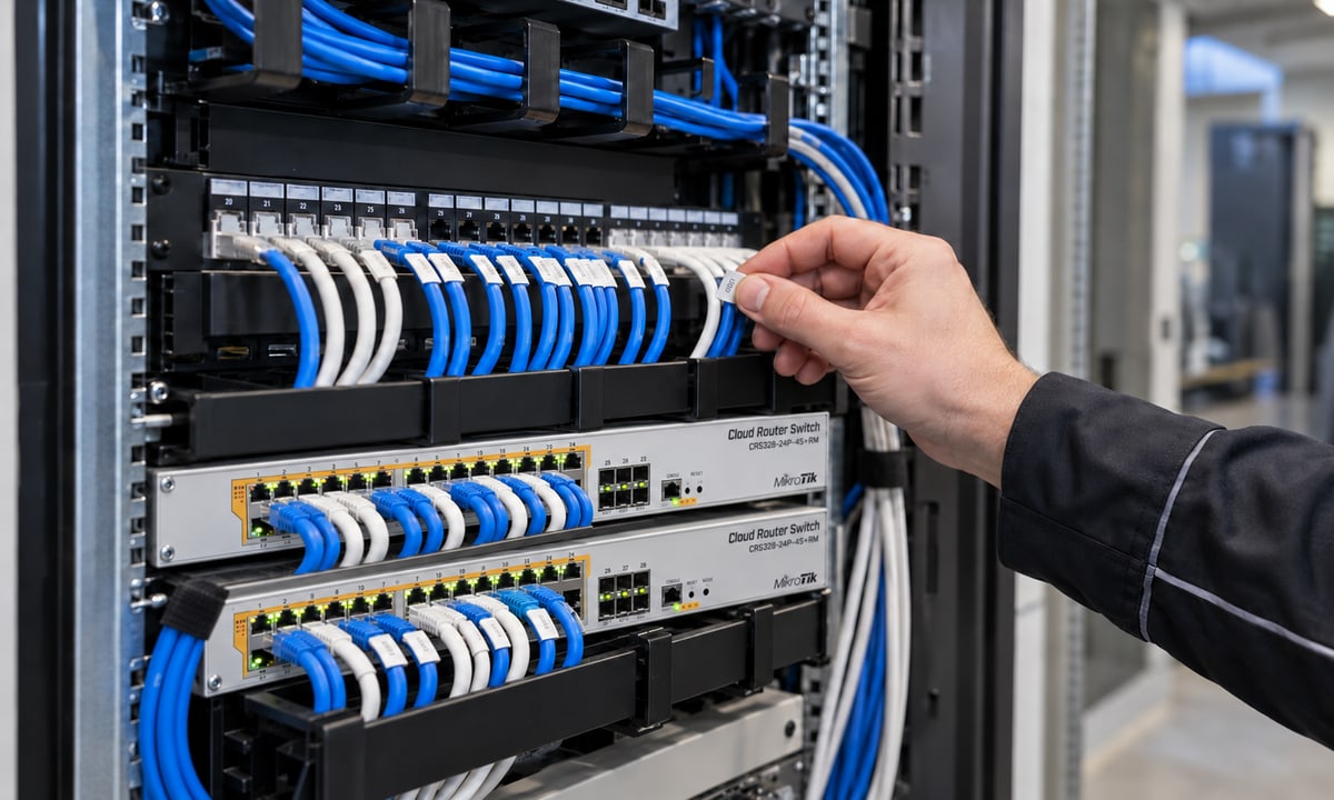 Okablowanie sieciowe i przełączniki MikroTik w szafie RACK